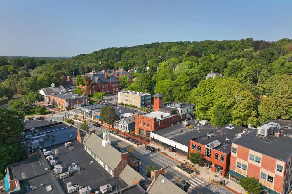 Aerial view of the historic center near Belmont, Massachusetts (MA)