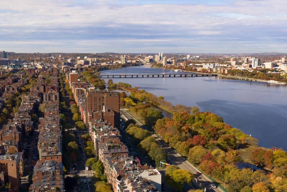 An aerial view of the Boston Bridge and Charles River near Cambridge,  Massachusetts (MA)