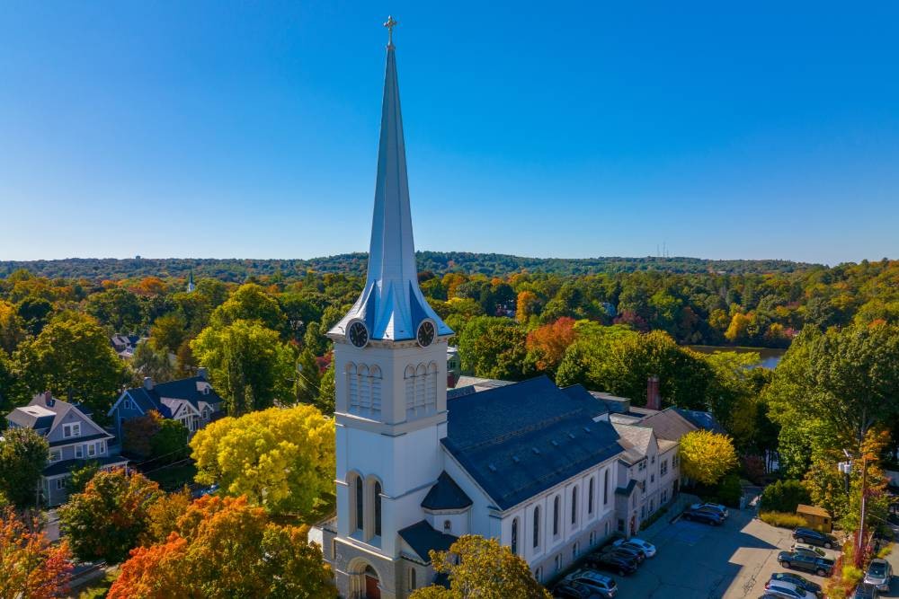 First Congregational Church in Center Historic District near Winchester, MA