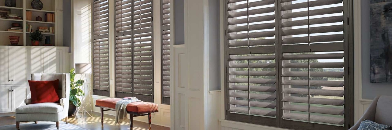 Plantation shutters near Concord, Massachusetts (MA), including Hunter Douglas Palm Beach™ Polysatin™ Shutters.