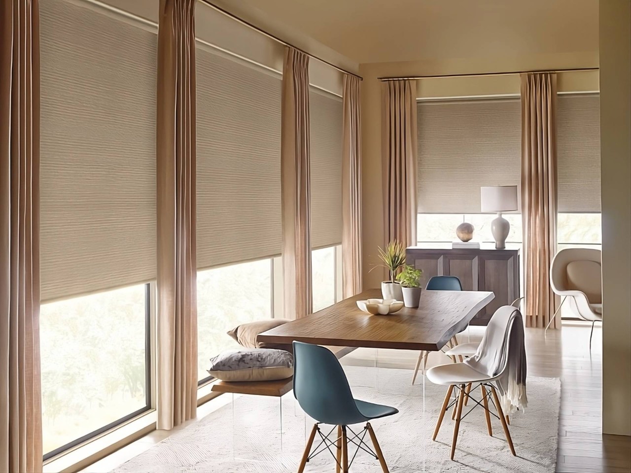 Hunter Douglas Designer Solar Shades on several tall windows in a neutral-palette dining room at WTI near Concord Massachusetts (MA)