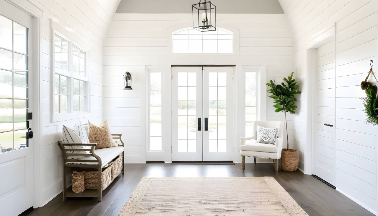 White and bright foyer with windows, hardwood floors, transom window, and sidelights at WTI near Concord Massachusetts (MA)